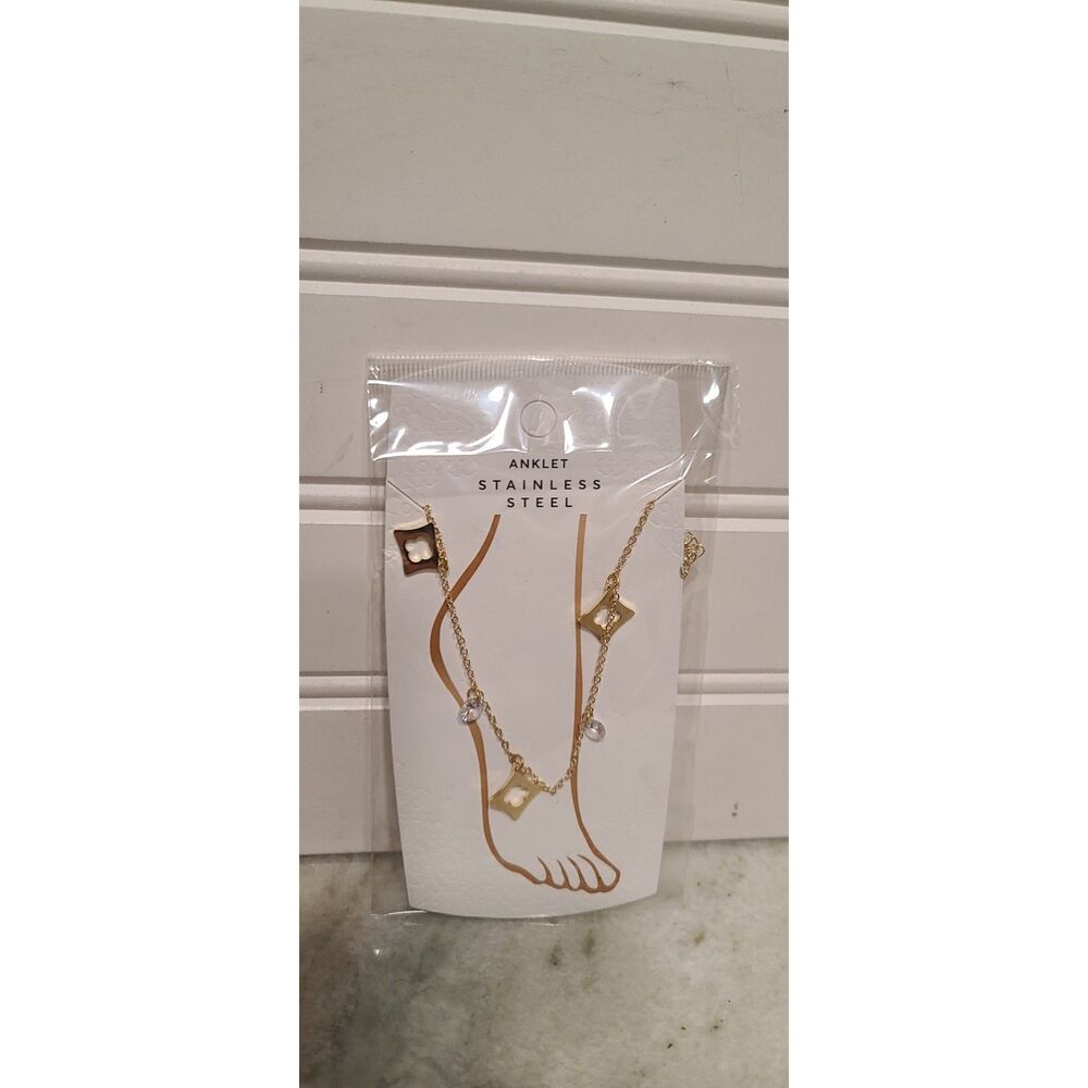 Chloe Accessory Stainless Steel Clover Charm/Crystals Anklet Gold Adjustable